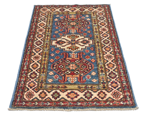 2x3 Blue Kazak Afghan Hand Knotted Wool Area Rug
